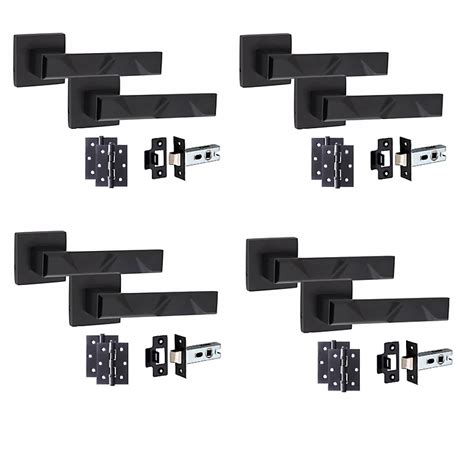 4 Pair Modern Nova Design Matt Black Premium Door Handles Square Rose 3 Ball Bearing Hinges And