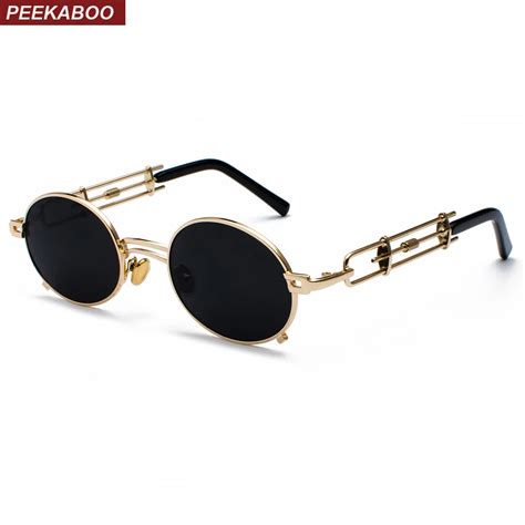 Peekaboo Retro Steampunk Sunglasses Men Round Vintage 2019 Metal Frame Gold Black Oval Sun