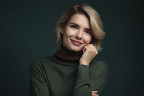 Portrait Of A Woman With A Shy Embarrassed Grin Tugging On Her Sweater