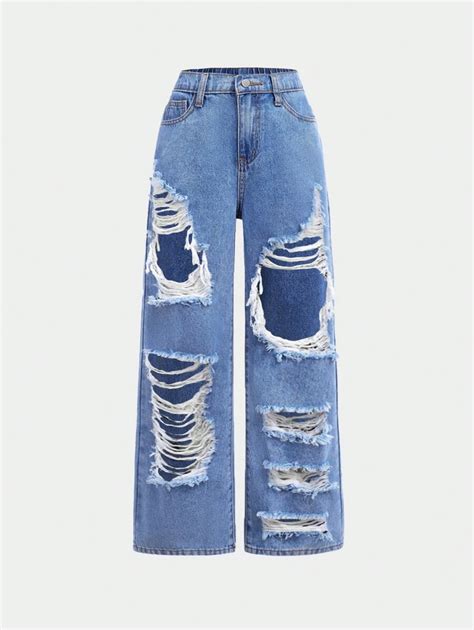 Shein Jeans Droits En Denim D Chir Avec D Coupes Y K Pour Adolescentes