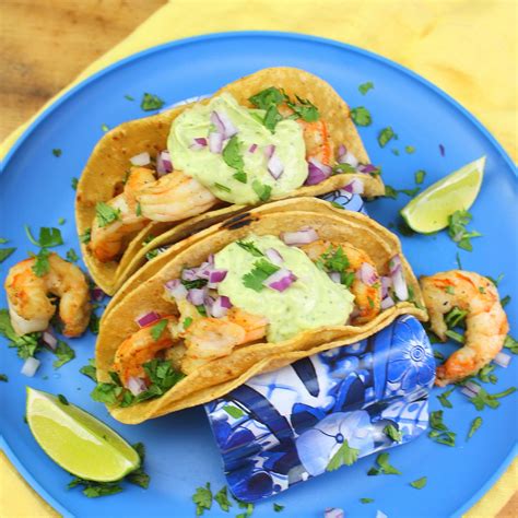 Grilled Shrimp Tacos With Avocado Lime Crema Improvcooking Palatable Pastime Palatable Pastime