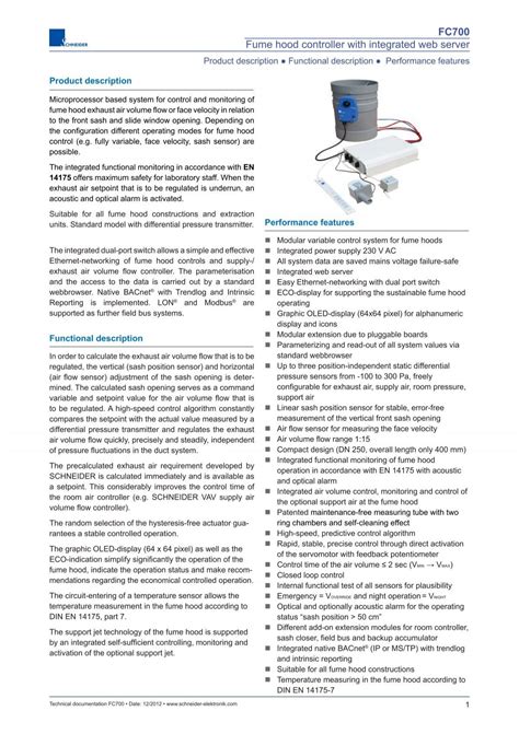 FC700 Fume Hood Controller With Integrated Web Server Schneider