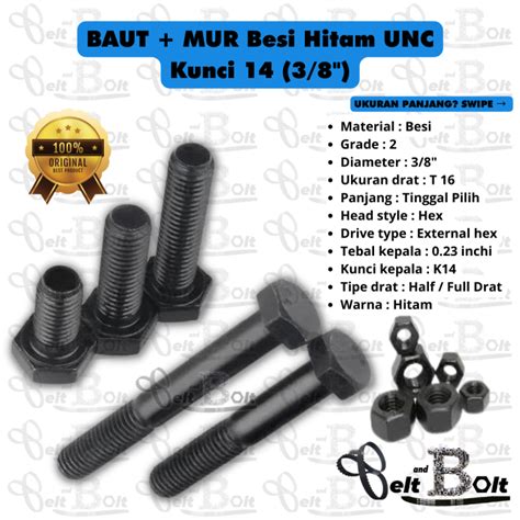 10pcs BAUT MUR HEX 3 8 X UKURAN TINGGAL PILIH UNC Besi Hitam