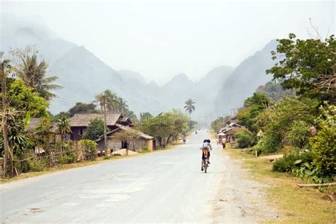 Daily Life Of Vang Vieng Village With Limestone Mountains Laos Stock