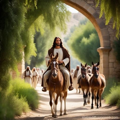 Jesus Enters Jerusalem On Small Donkey Stable Diffusion Online