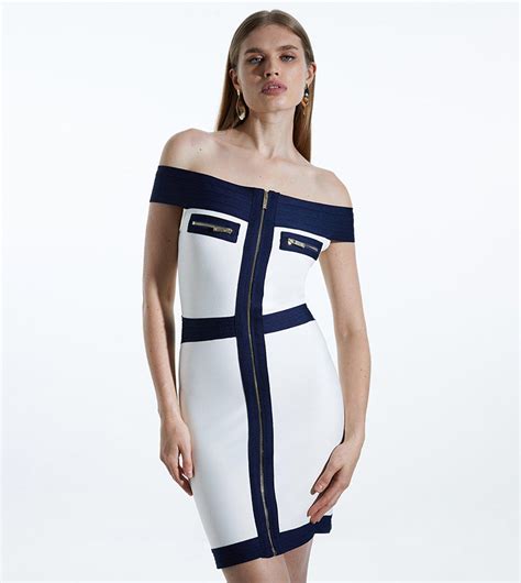 Buy Karen Millen Bardot Figure Form Bandage Knit Mini Dress In Cream