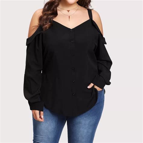 Buy Women Plus Size Casual Long Sleeve Strappy Cold Shoulder T Shirt