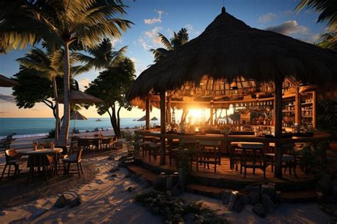 Premium Photo Sunset Beach Bar With Thatched Roof