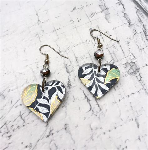 Jungle Leaves Japanese Washi Paper Heart Clear Acrylic Dangle Earrings