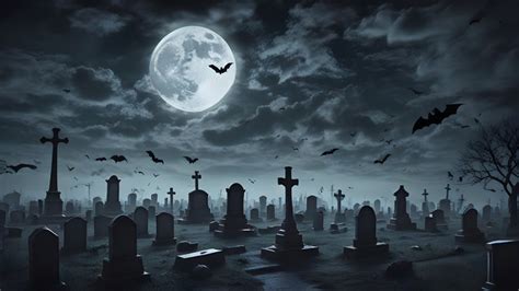 Zombie Rising Out Of A Graveyard Cemetery In Spooky Dark Night Full