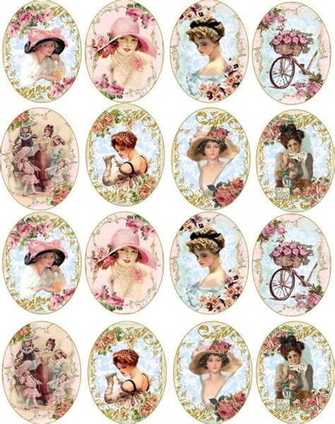 Bottlecap Victorian Women Round And Oval Glossy Stickers Scrapbooking