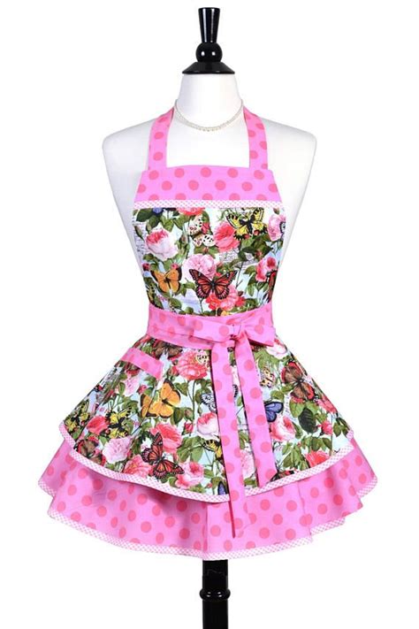 Ruffled Retro Apron In A Flirty Pastel Pink Butterflies And Polka Dot