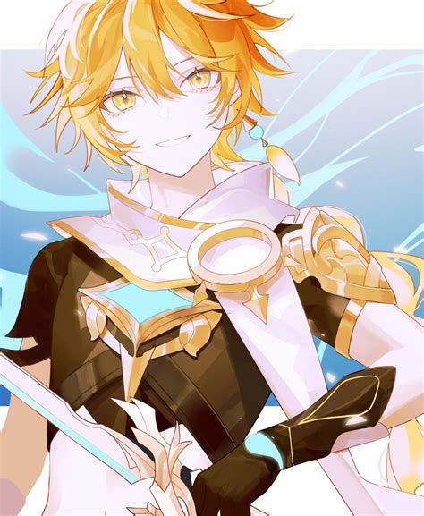 Safebooru Boy Aether Genshin Impact Bangs Blonde Hair Blue Background Braid Braided