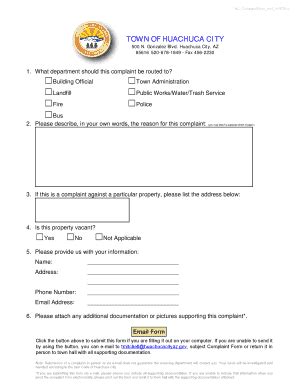 Fillable Online Town Of Huachuca City Complaint Form Town Of Huachuca