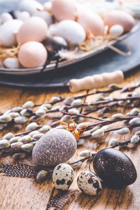 Easter Eggs With Pussy Willow Branch On Wooden Kitchen Table Stock