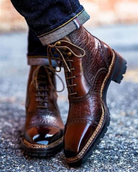 Mens Handmade Two Tone Burgundy Leather Ankle High Boot Mens Grain