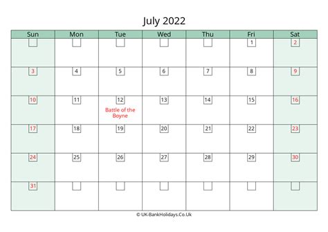 July 2022 Calendar Printable With Bank Holidays Uk