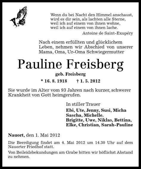 Traueranzeigen Von Pauline Freisberg Rz Trauer De