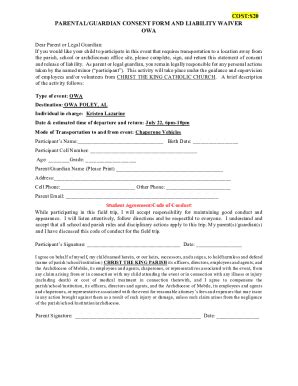 Fillable Online PARENTAL GUARDIAN CONSENT FORM AND LIABILITY WAIVER