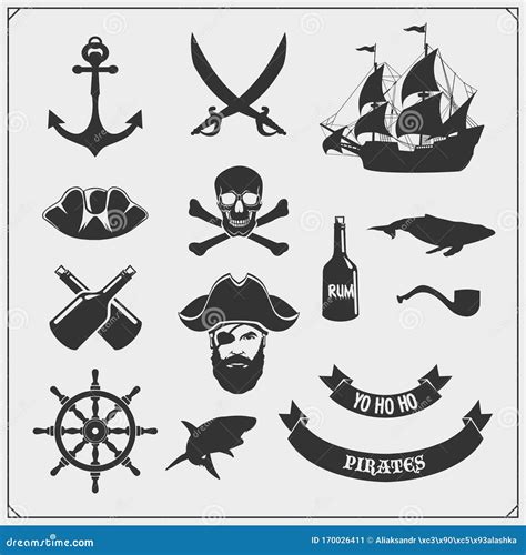 Set Of Pirate Icons Emblems And Design Elements Ship Anchor And