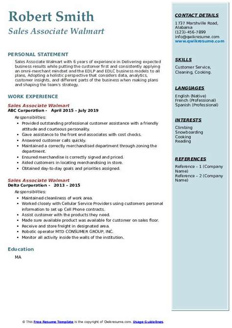 Sales Associate Walmart Resume Samples Qwikresume