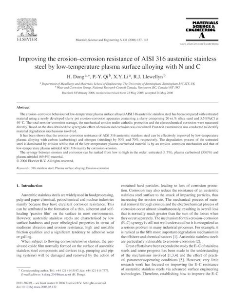 Pdf Improving The Erosioncorrosion Resistance Of Aisi Austenitic