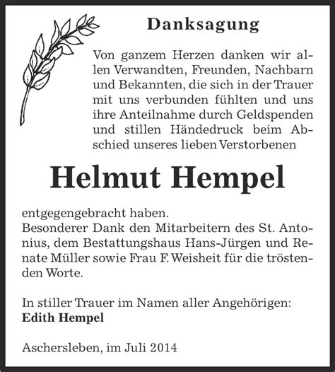 Traueranzeigen Von Helmut Hempel Abschied Nehmen De