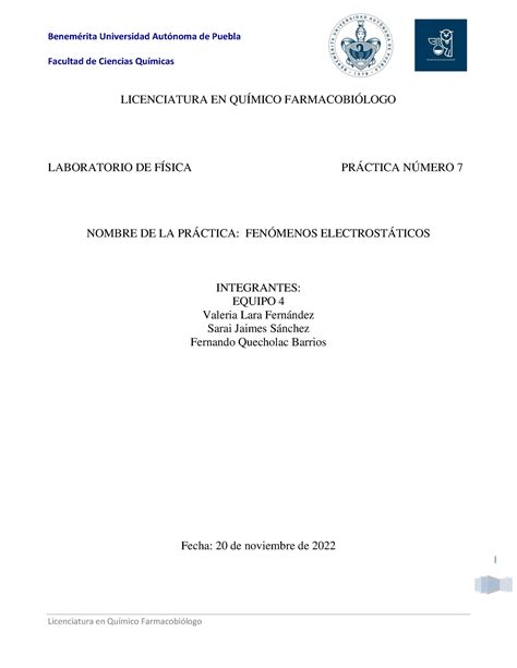 Practica 7 LAB Fisica Fenómenos electrostáticos Facultad de