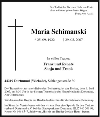 Traueranzeigen Von Maria Schimanski Trauer In Nrw De