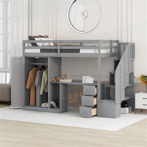 Euroco Twin Size Pine Wood Loft Bed With Desk And Wardrobe For Kids