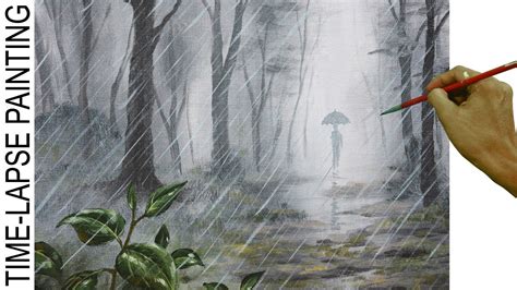 Man With Umbrella Walking In The Raining Forest Acrylic Painting In