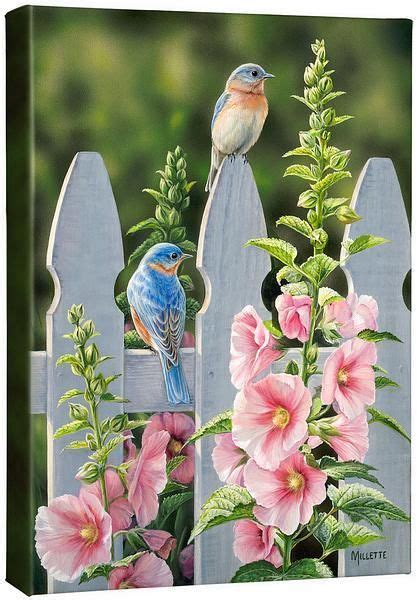 Picket FenceBluebirds Birds Painting Flower Painting Watercolor