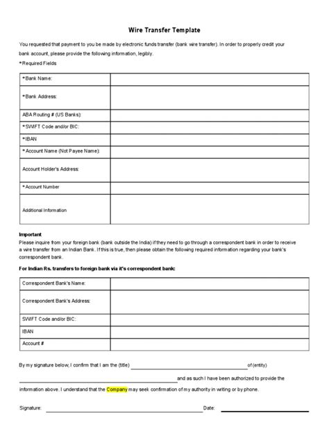 19 Wire Transfer Instructions Form Template Pdf