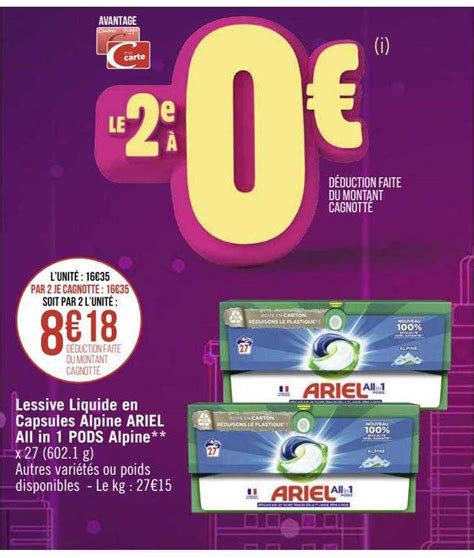 Promo Lessive Liquide En Capsules Alpine Ariel All In 1 Pods Alpine