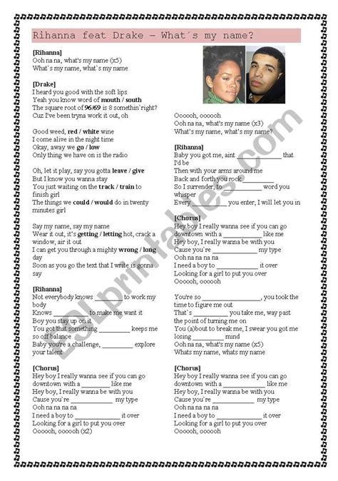 Rihanna Feat Drake What´s My Name Song Esl Worksheet By Sneshorn