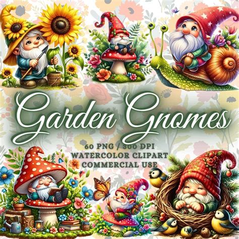 Cute Watercolor Garden Gnomes Clipart Bundle Spring Garden Clipart