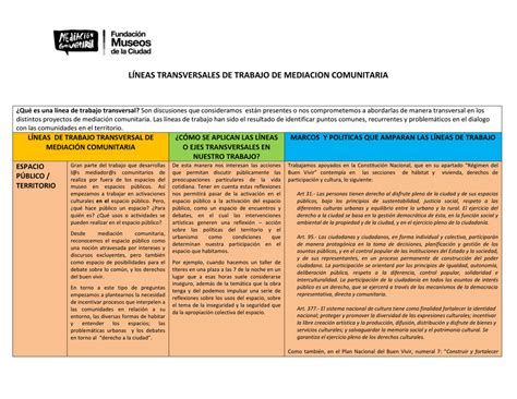 líneas de trabajo transversal de mediación comunitaria