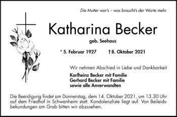 Traueranzeigen Von Katharina Becker Trauerportal Ihrer Tageszeitung