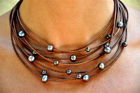 Pearl And Leather Necklace Multi Strand Necklace With Etsy Leather Jewelry Leather Necklace