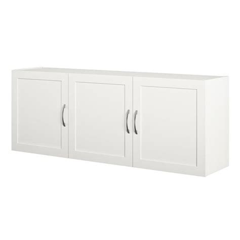 A White Cabinet With Three Doors And Two Handles On The Front Against