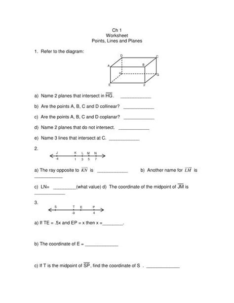 Worksheet Points Lines And Planes Collinear And Coplanar