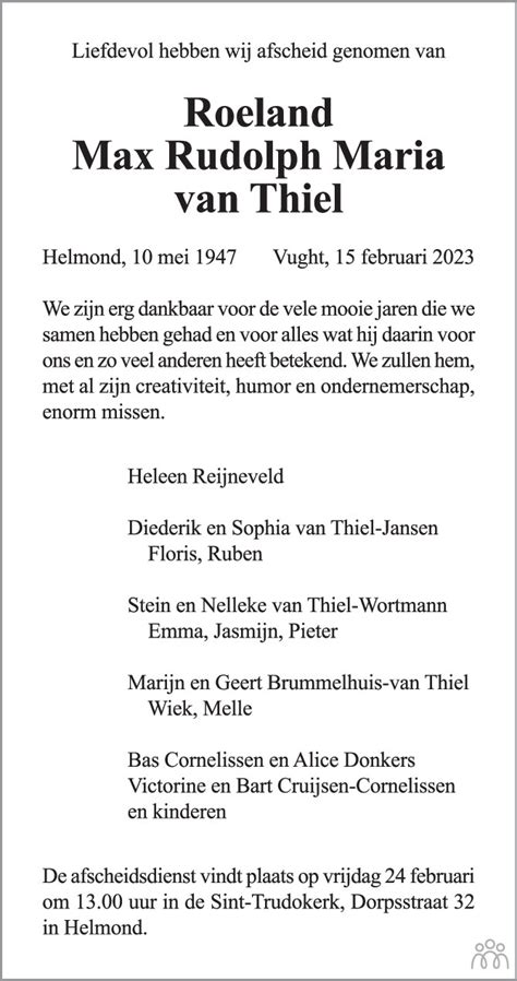 Roeland Max Rudolph Maria Van Thiel 15 02 2023 Overlijdensbericht En