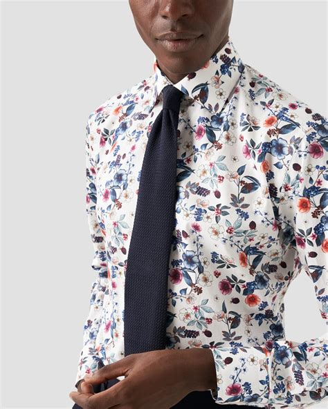 White Floral Print Signature Twill Shirt Eton