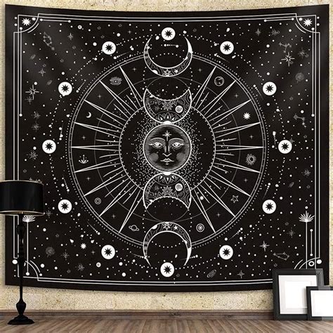 Sun Moon Tapestry Wall Hanging Stars Space Psychedelic Black And White