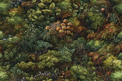 Una Pintura De Un Bosque Con Hongos Y Plantas Foto Premium