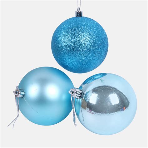 60mm Shiny Glitter And Matte Light Blue Christmas Tree Baubles 6 Pack