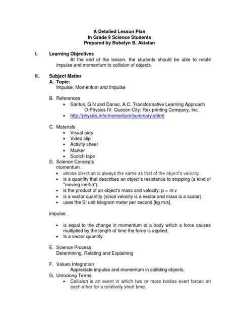 A Detailed Lesson Plan Pdf Momentum Velocity