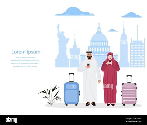 Vector Illustration Muslim Man Woman With Suitcases Use Cell Phones