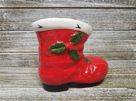 Vintage Santa Claus Boot Planter Lefton Porcelain Japan Holly Leaves And A Gogo Vintage