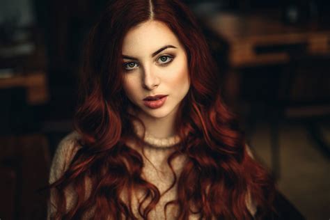 Women Face Redhead Curly Hair Hazel Eyes Portrait Depth Of Field